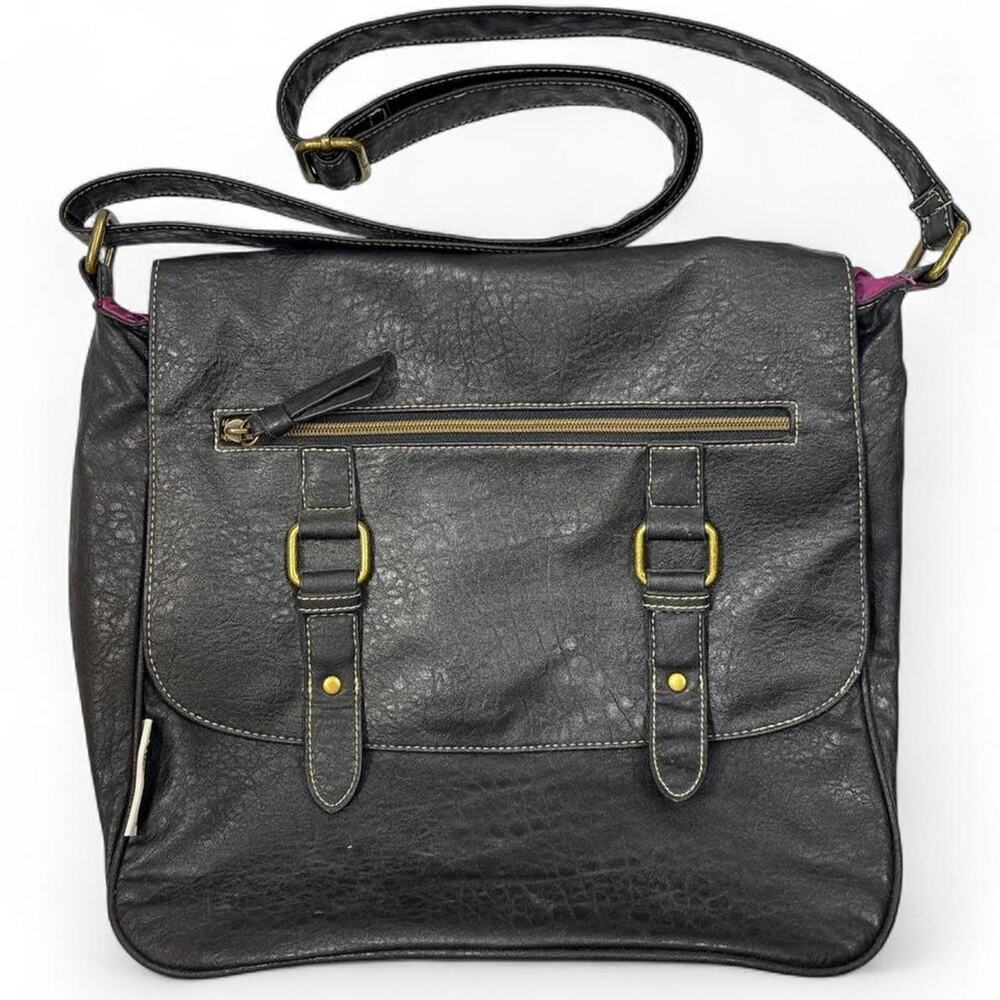 Vintage Airwalk Black Faux Leather Purple Interior Messenger Bag